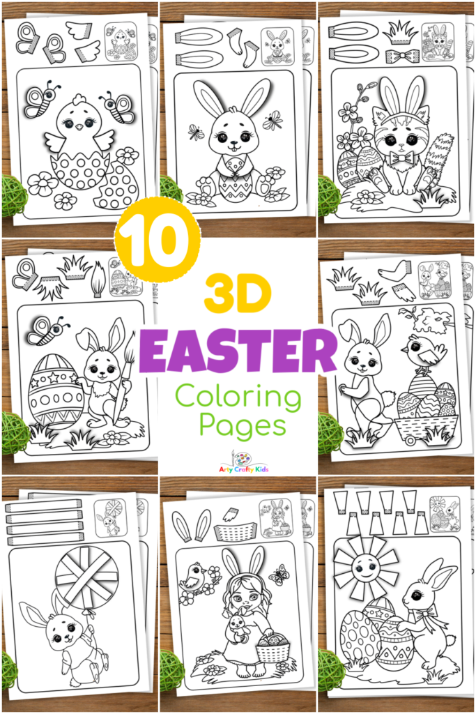 Craft meets coloring with this adorable collection of 3D Easter Coloring Pages for Kids! Choose from happy Easter Bunny illustrations, Chicks, Easter Baskets, Easter Eggs and more - all hand-drawn and unique!  