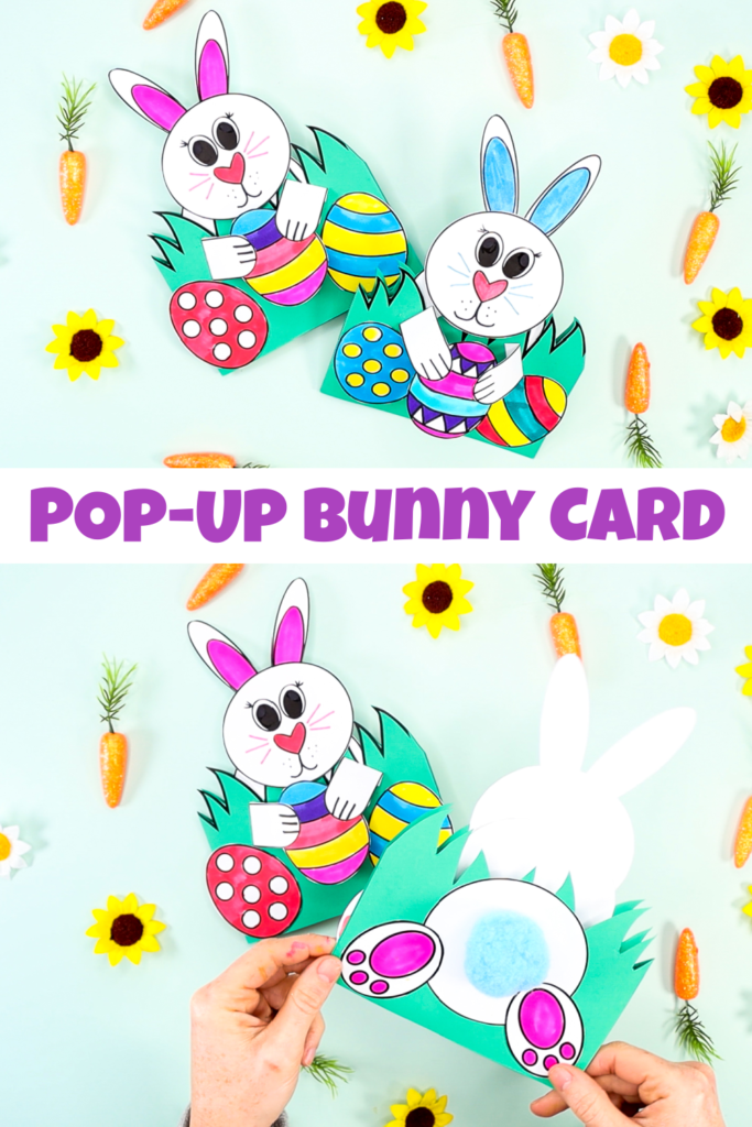 Hop into card making with this playful 3D Pop-up Bunny Card for Easter! Our Easter card for kids features a bunny hiding Easter eggs in the grass; turn the card over and you will find a cute fluffy tail and big bunny feet! 