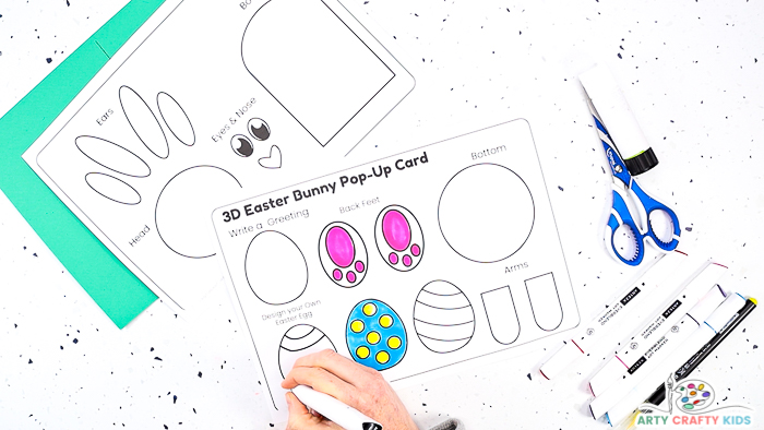 This image features step 3, showing a hand designing an Easter egg on the template with an Easter egg colored blue with yellow dots next to it.