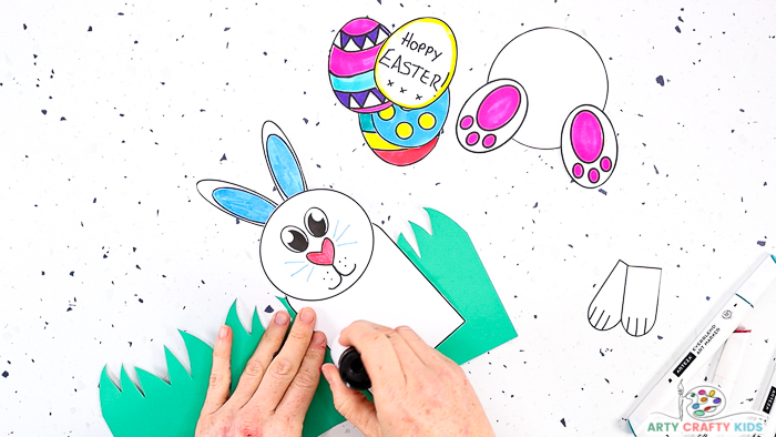 This image features step 7 and shows hands applying glue to the bunny's body.