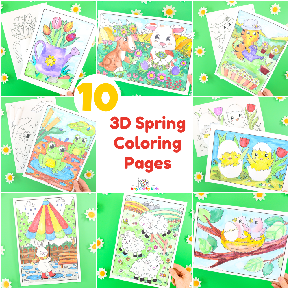 Welcome to the world of 3D Coloring Pages for Kids! These gorgeous 3D Spring Coloring Pages for kids are beautifully designed featuring all the Spring favorites: chicks, bunnies, lambs, April showers, flowers and more! Kids can use their fine motor skills to enhance their coloring pages with simple 3D effects to bring their coloring to life.