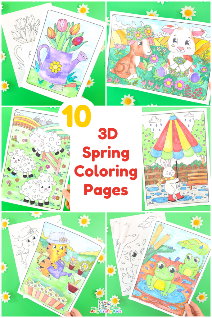 Welcome to the world of 3D Coloring Pages for Kids! These gorgeous 3D Spring Coloring Pages for kids are beautifully designed featuring all the Spring favorites: chicks, bunnies, lambs, April showers, flowers and more! Kids can use their fine motor skills to enhance their coloring pages with simple 3D effects to bring their coloring to life.