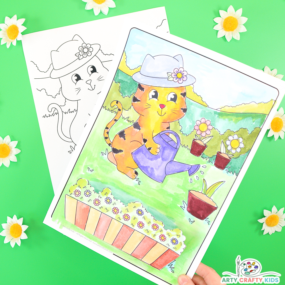 Cute cat gardening 3D Spring Coloring Page and Craft for Kids.