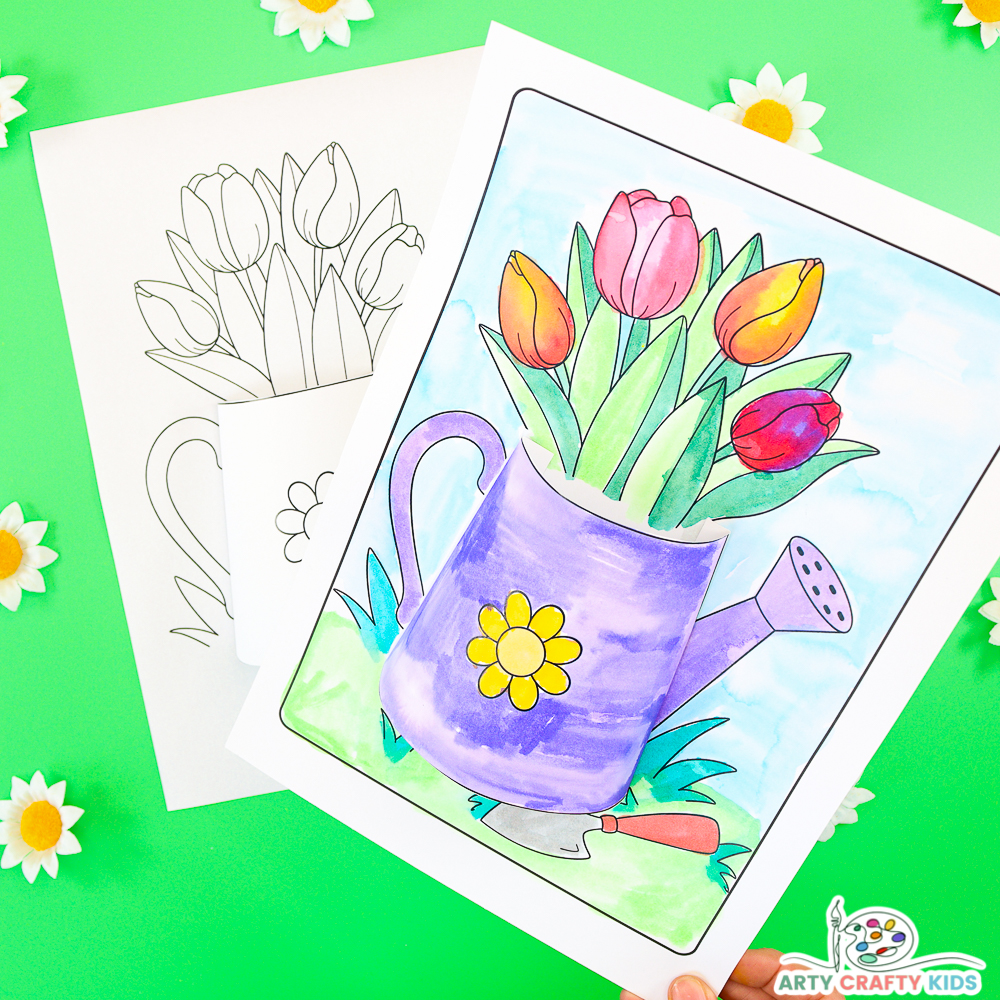 Cute watercoloring can and bouquet of tulips 3D Spring Coloring Page and Craft for Kids.