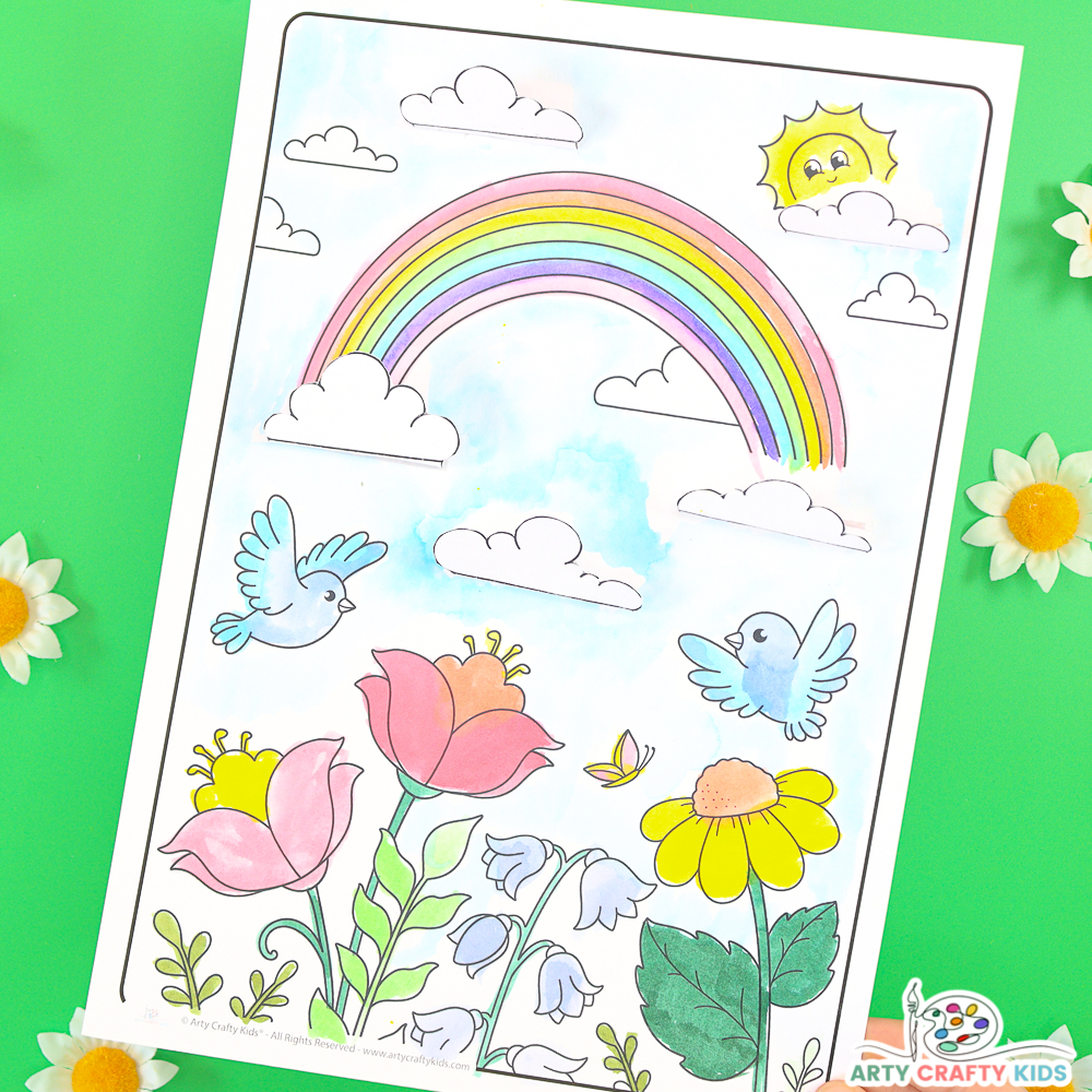 Cute rainbow, flowers and birds 3D Spring Coloring Page and Craft for Kids.