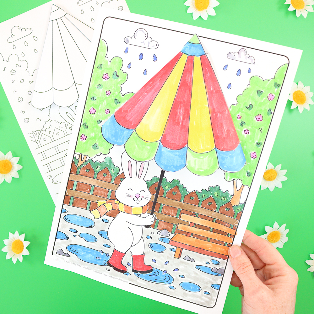 Cute bunny holding an umbrella 3D Spring Coloring Page and Craft for Kids.