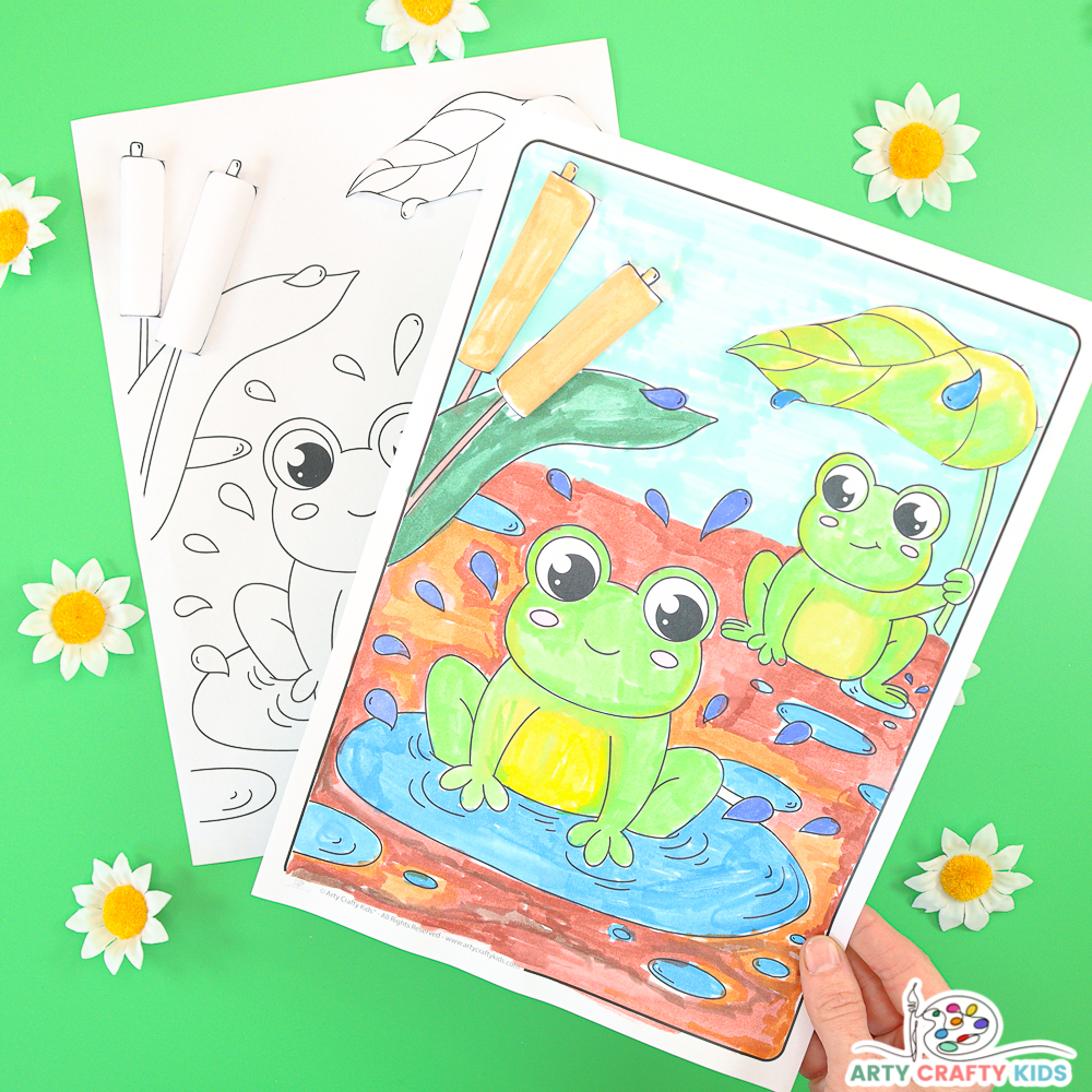 Cute frogs playing in the puddles 3D Spring Coloring Page and Craft for kids