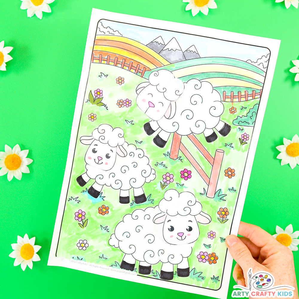 Cute lambs 3D Spring Coloring Page and Craft for Kids