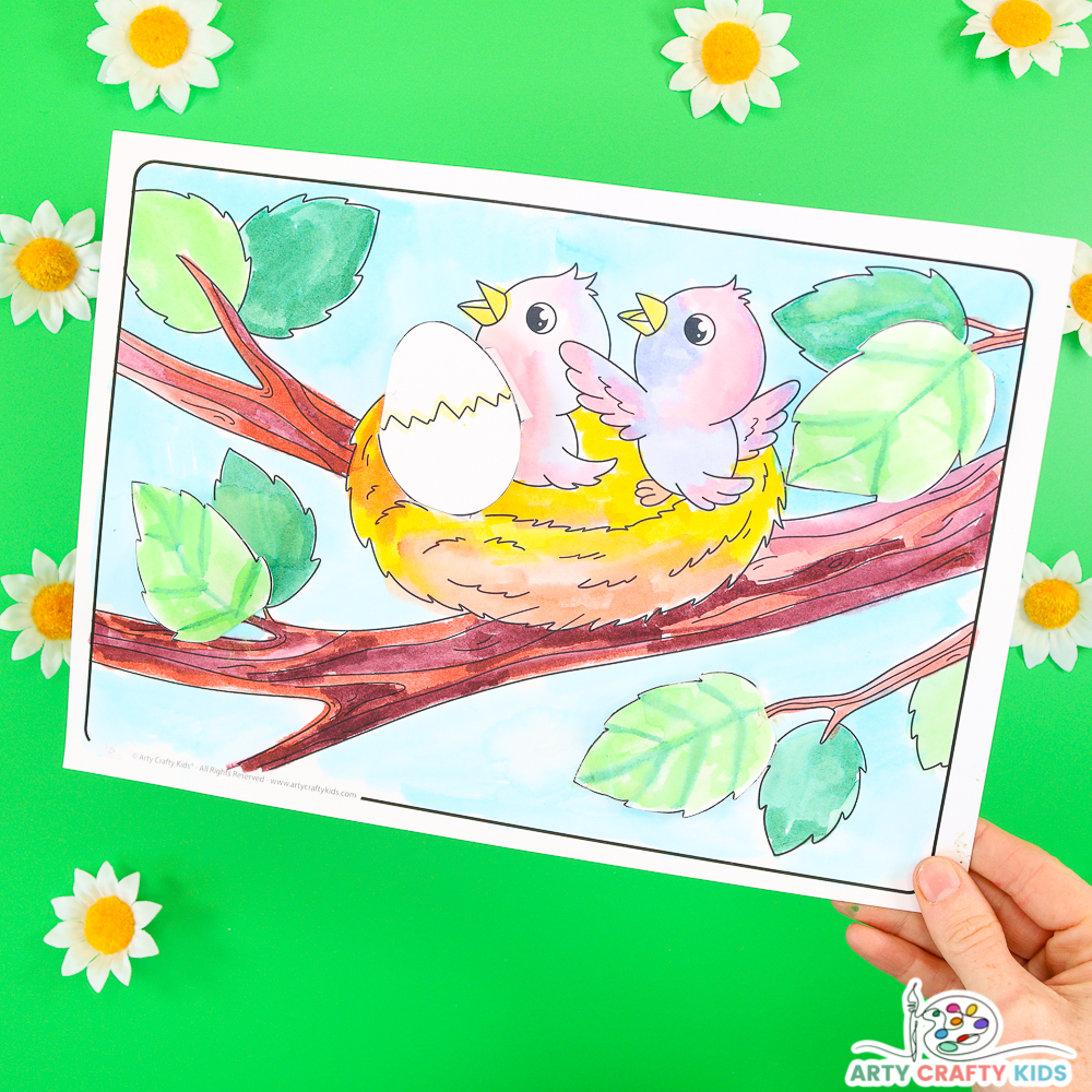 Cute baby birds in a nest 3D Spring Coloring Page and Craft for Kids