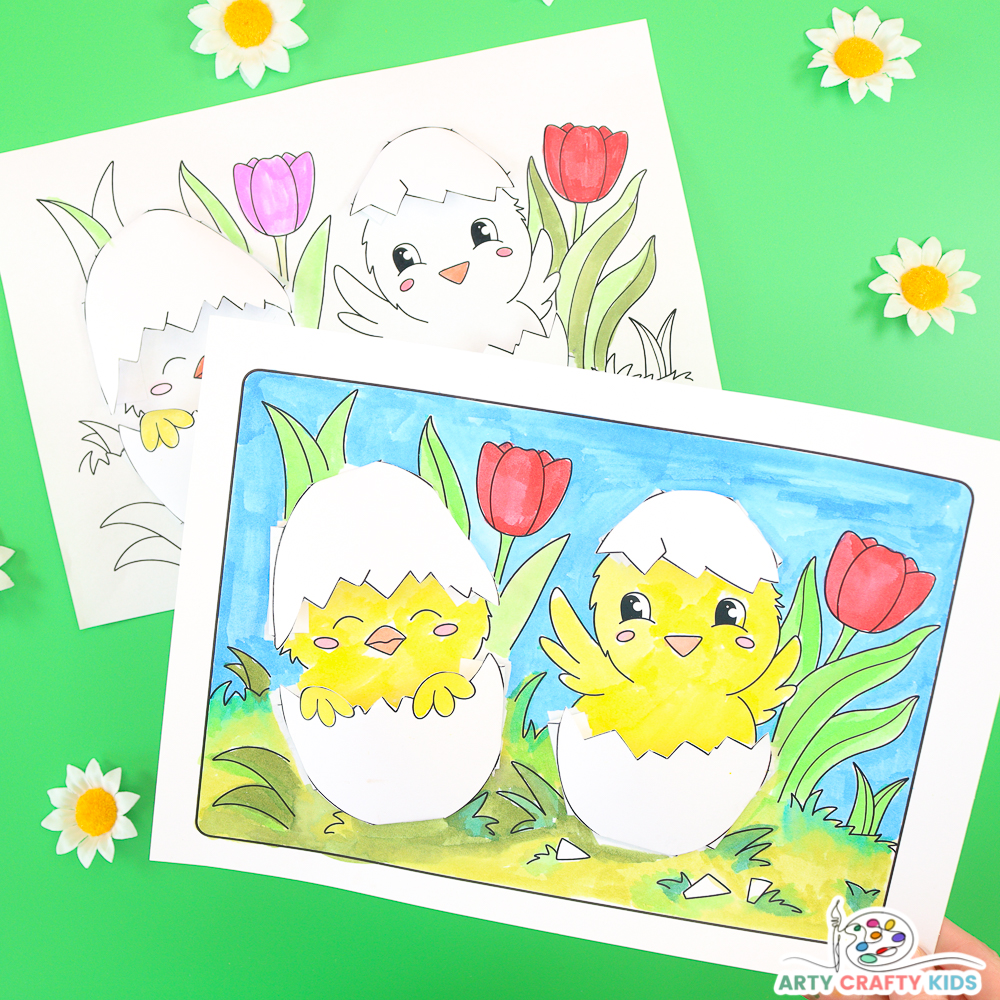 Cute baby chicks 3D Coloring Page and Craft for kids