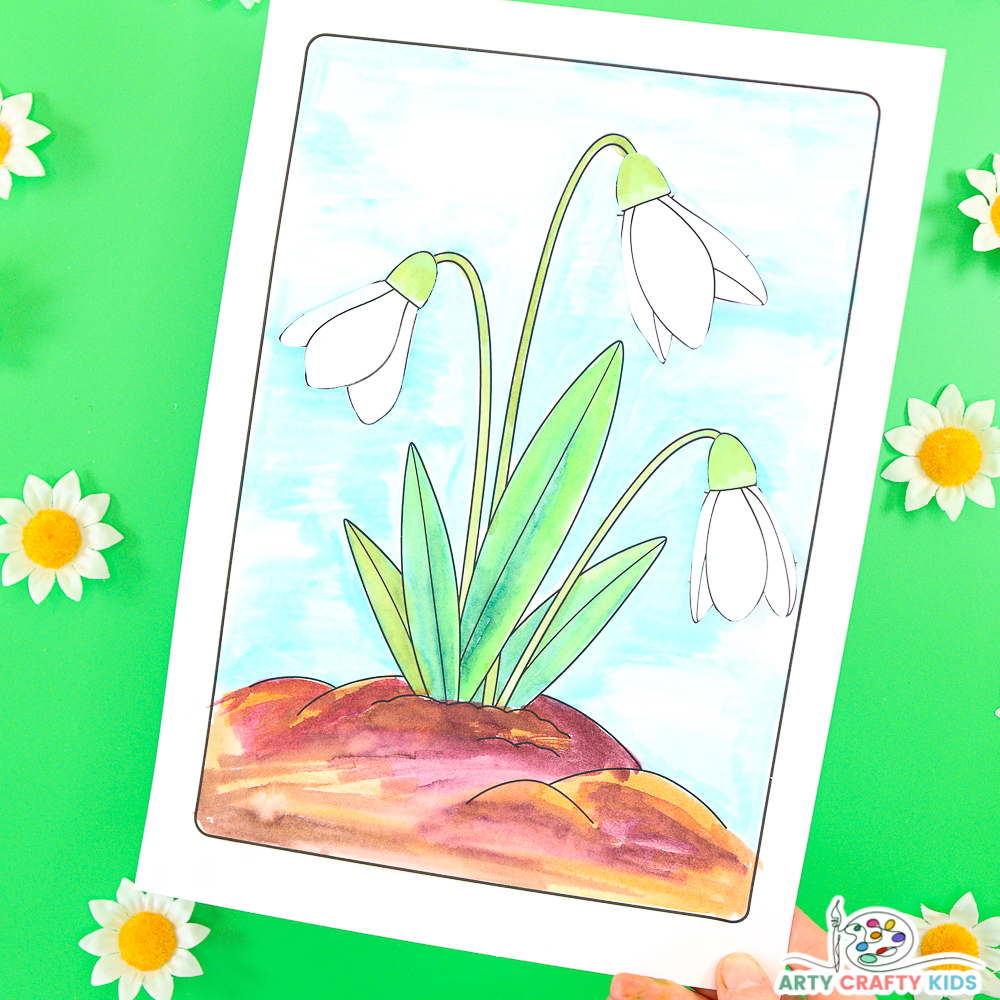 Snowdrops 3D Spring Coloring Page and Craft for Kids.