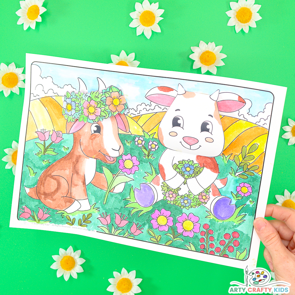 Cute baby goats 3D Spring Coloring Page and Crafts for Kids