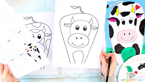 An image of the three cow templates we have available for download including a step-by-step of the how to draw a cow, a cow outline for children to add their own detail and a complete cow coloring page.