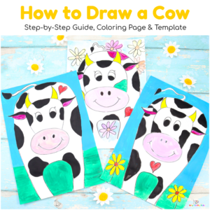 Our cow design can be easily drawn with a series of connected round shapes and lines, which is perfect for children of all ages who are learning to draw. And for the preschoolers and very young children; a cow coloring page is included in the step-by-step printable guide download - designed to encourage kids to color, trace or add their own unique details to the cow.
