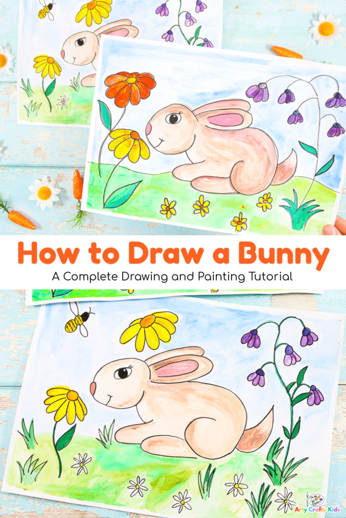 Make your bunny rabbit drawing stand out from the crowd by following our 7 step How to Draw a Bunny and Painting Tutorial! 

Our drawing tutorial will teach your kids how to form the basic shape of a really cute bunny; while simultaneously inviting your Arty Crafty Kids to use their creativity to personalize their design and create a Spring inspired scene. 
