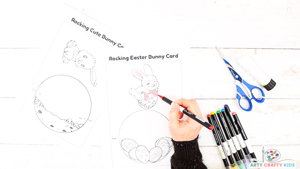 Step 1: Color in the bunny card elements with a favorite medium