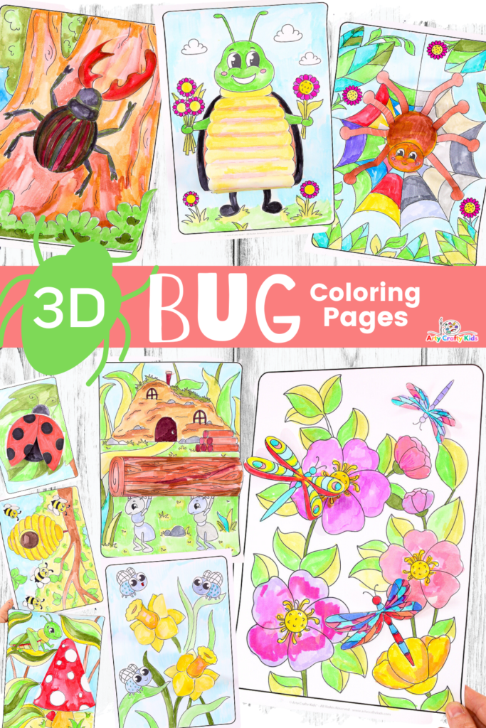 Spring has arrived and with the warmer temperatures, bugs! Engage in mini-beasts topic with this creative collection of 3D Bug Coloring Pages for Kids to color and make. 

This collection of 10 coloring pages features insects of all shapes and sizes, including a stag beetle, a firefly, a ladybug, a spider, a grasshopper, ants,  blue-bottle flies, buzzy bees, moths and gorgeous dragonflies!