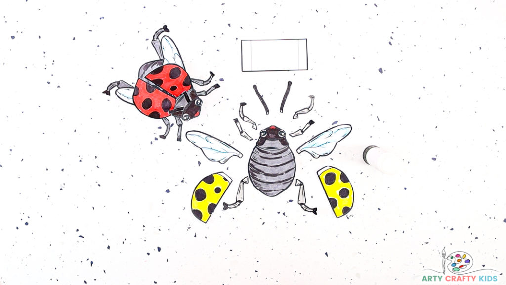 The image features a colored in ladybug ( wings are yellow) and the pieces of the template have been cut out.