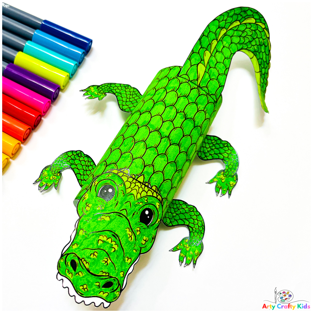 Vibrantly colored printable 3D Paper Crocodile Craft for kids, showcasing fine motor skills, creativity, and fun!"