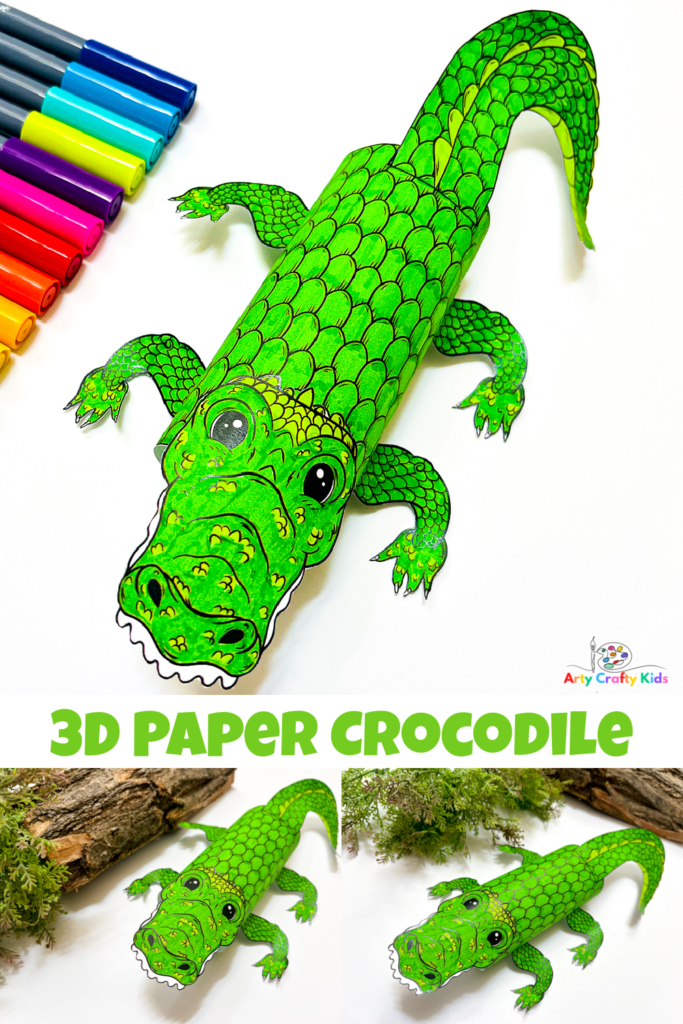 Vibrantly colored printable 3D Paper Crocodile Craft for kids, showcasing fine motor skills, creativity, and fun! 

A Paper Roll Craft with a difference!