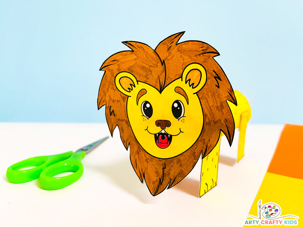 Completed 3D Printable Lion Craft: A vibrant lion with a standing pose, featuring a beautifully colored body in hues of yellow and a mane in shades of brown and orange.