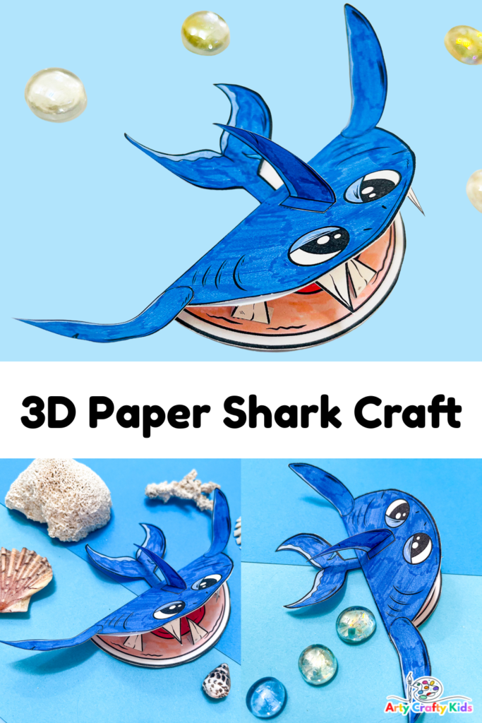 Featured pin image of a 3D Printable Shark Craft: A colorful and assembled shark, ready to play! This fun craft allows kids to color, cut, and create their very own shark. Let their imagination swim with this interactive and engaging activity.
