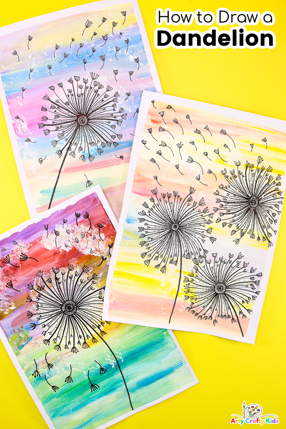 A stunning pen-drawn dandelion -  from the How to Draw tutorial  - rests against a backdrop of tonal watercolor hues, creating a captivating Dandelion Painting.