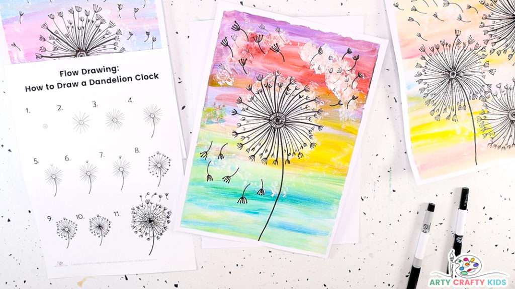 A stunning pen-drawn dandelion -  from the How to Draw tutorial  - rests against a backdrop of tonal watercolor hues, creating a captivating Dandelion Painting.