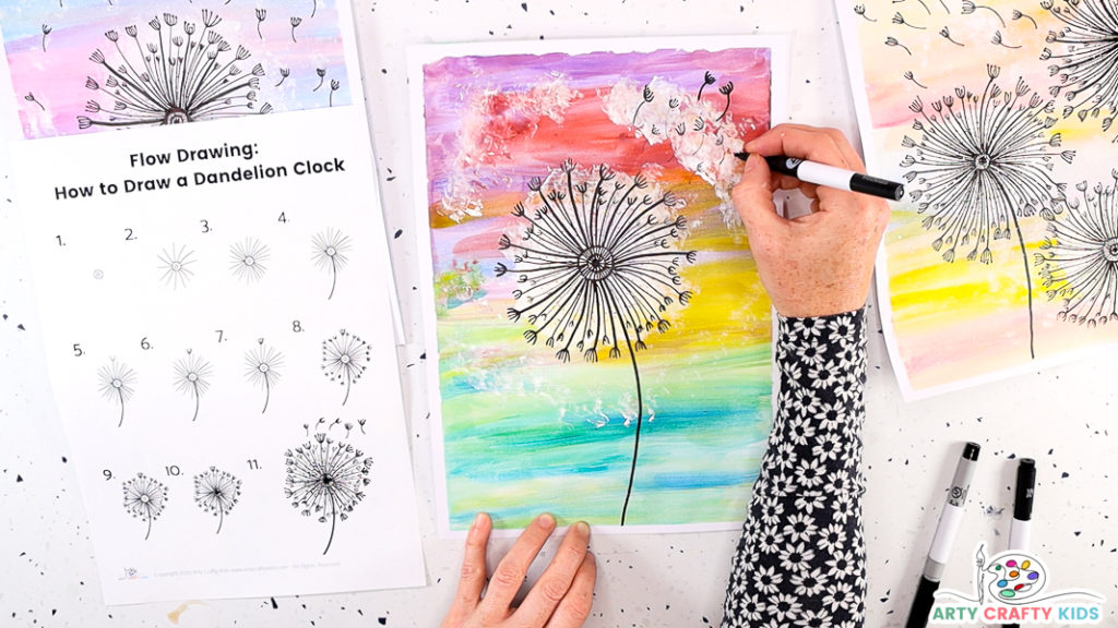 This image features a hand drawing floating singular seeds floating in the wind. The seeds are drawn within the surrounding space of the dandelion.