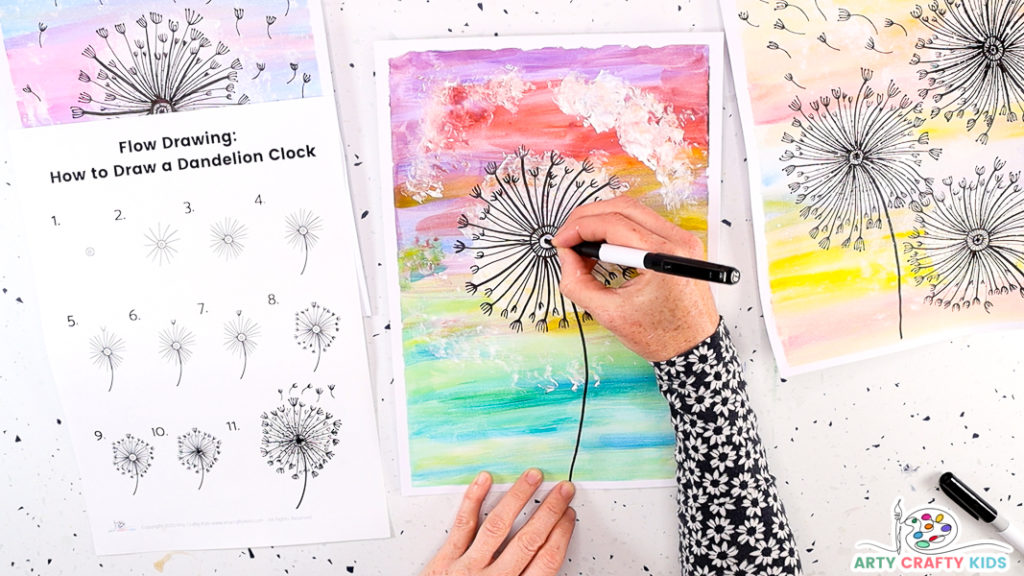 This image features a hand drawing smaller, condensed lines within the center circles of the dandelion.