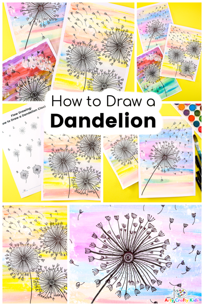 A stunning pen-drawn dandelion -  from the How to Draw tutorial  - rests against a backdrop of tonal watercolor hues, creating a captivating Dandelion Painting.