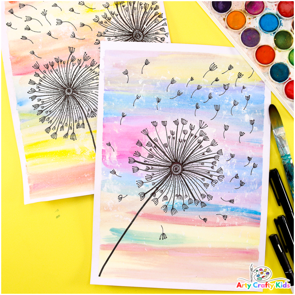 A stunning pen-drawn dandelion - from the How to Draw tutorial - rests against a backdrop of tonal watercolor hues, creating a captivating Dandelion Painting.