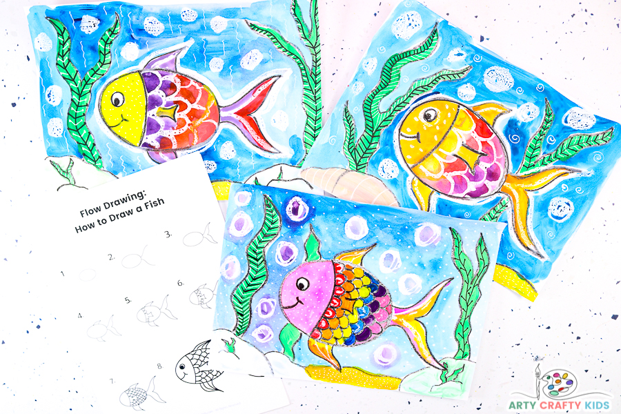 Image featuring three completed fish pictures and the how to draw a fish tutorial 