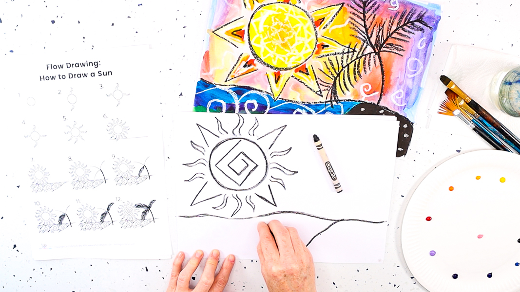 Image featuring a hand drawing swirls with in the sea area using a white crayon.