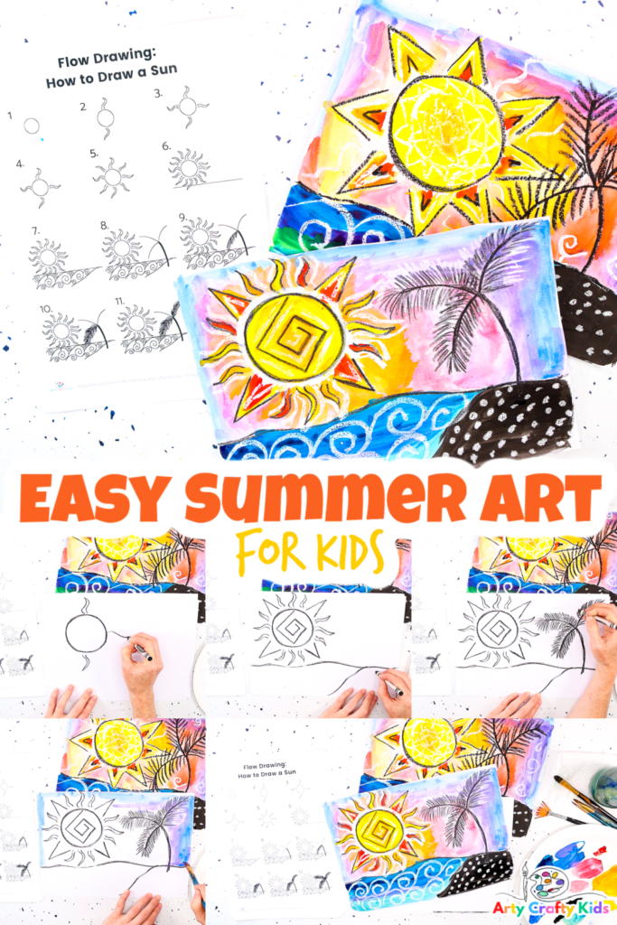 Learn How to Draw a Sun with this easy to follow step-by-step tutorial for kids. Transition from a directed drawing tutorial to a full Summer Art Project! Children will lean how to use watercolor paints and resist materials to create a vibrant sun scene.