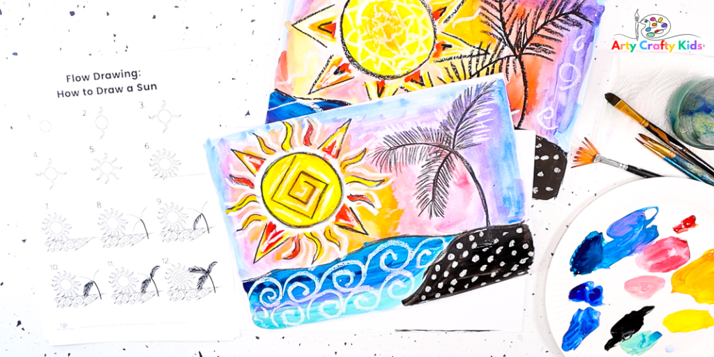 Learn How to Draw a Sun with this easy to follow step-by-step tutorial for kids. Transition from a directed drawing tutorial to a full Summer Art Project! Children will lean how to use watercolor paints and resist materials to create a vibrant sun scene.