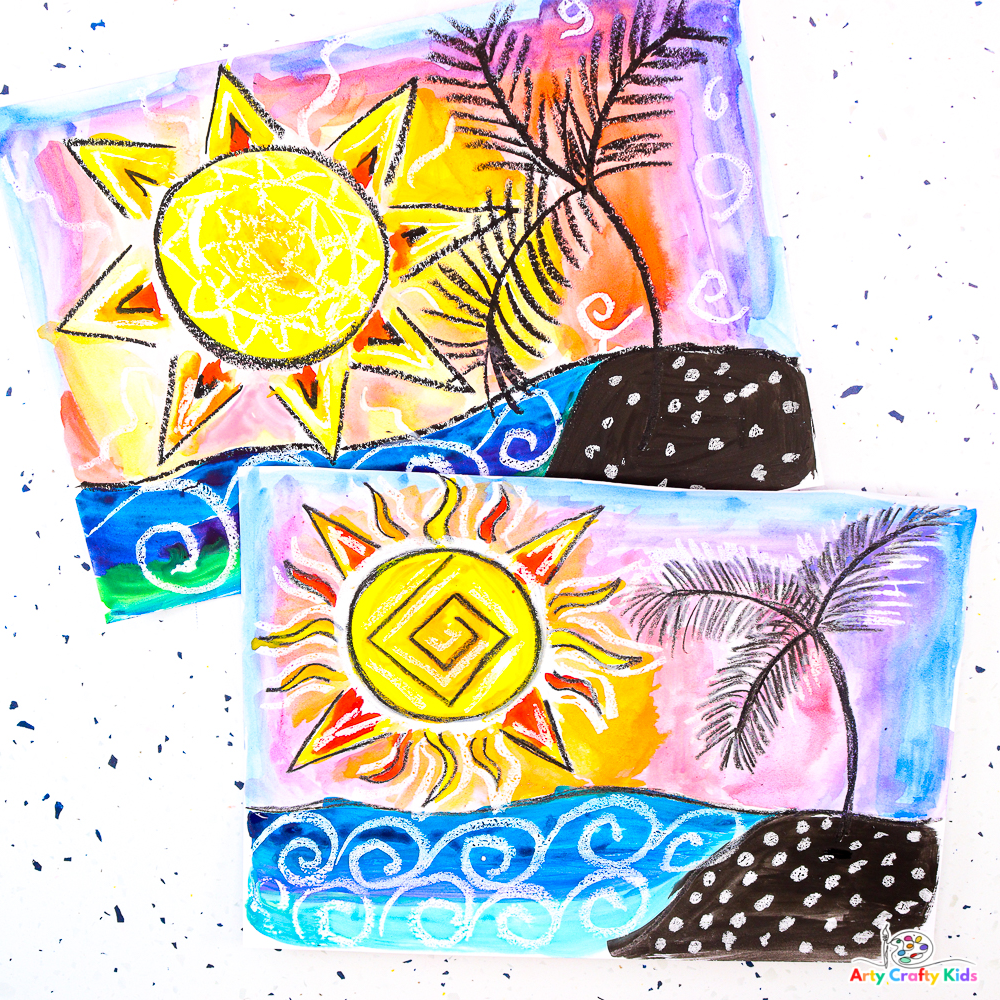 Learn How to Draw a Sun with this easy to follow step-by-step tutorial for kids. Transition from a directed drawing tutorial to a full Summer Art Project! Children will lean how to use watercolor paints and resist materials to create a vibrant sun scene.