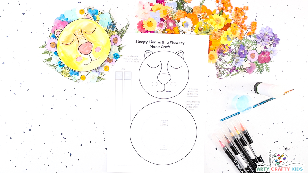Image featuring the lion printable template for Sleepy Lion Craft with dried flowers.