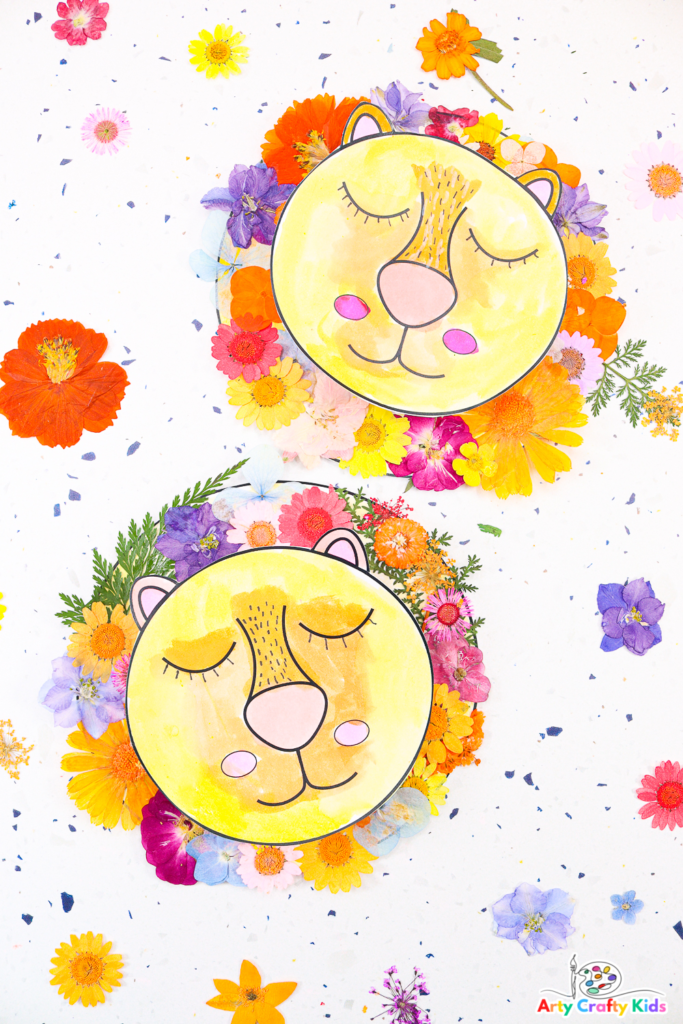 Make a beautiful Sleepy Lion Craft with dried flowers with your kids this Summer! A simple, fun and engaging nature craft for kids of all ages. Complete with a printable lion template! 
