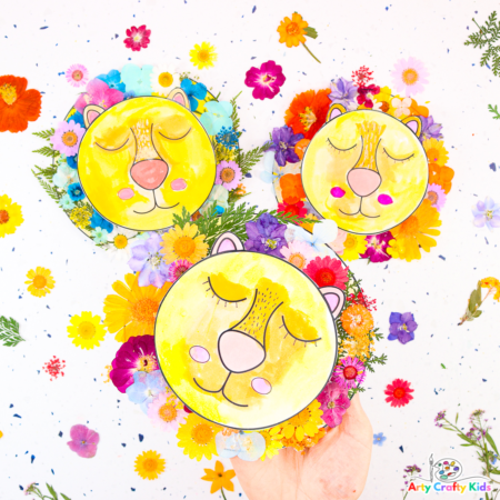 Make a beautiful Sleepy Lion Craft with dried flowers with your kids this Summer! A simple, fun and engaging nature craft for kids of all ages. Complete with a printable lion template!