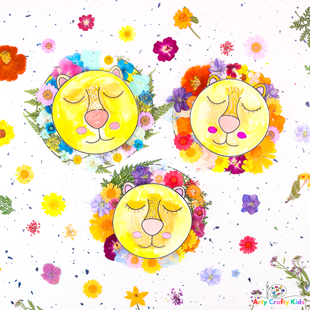 Make a beautiful Sleepy Lion Craft with dried flowers with your kids this Summer! A simple, fun and engaging nature craft for kids of all ages. Complete with a printable lion template!