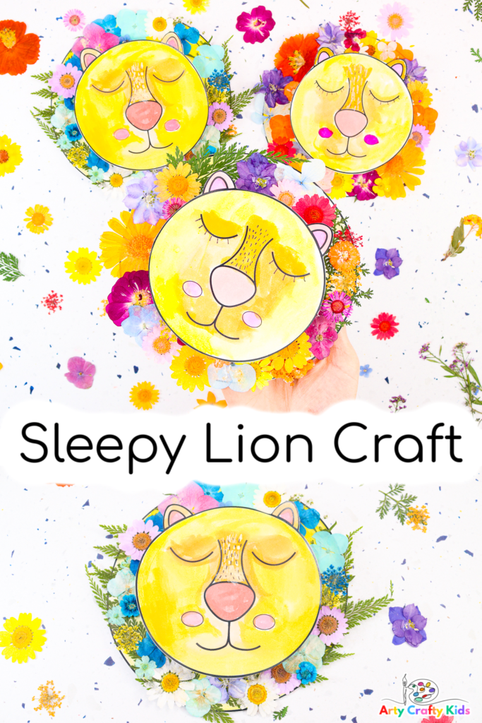 Make a beautiful Sleepy Lion Craft with dried flowers with your kids this Summer! A simple, fun and engaging nature craft for kids of all ages. Complete with a printable lion template!