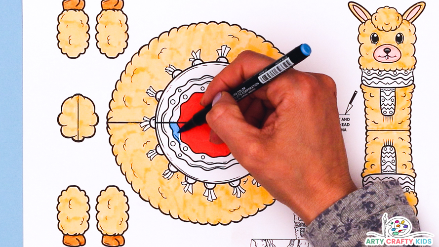 Image of a hand nearing completing of coloring the llama coloring craft.