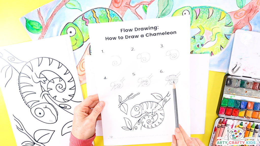 Image featuring the printable step-by-step instructions for how to draw a chameleon. The full chameleon coloring page is sitting next to the tutorial.