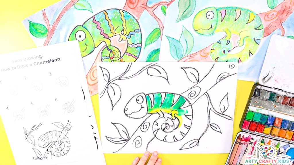 Image featuring a part painted chameleon in green and yellow watercolor paint.
