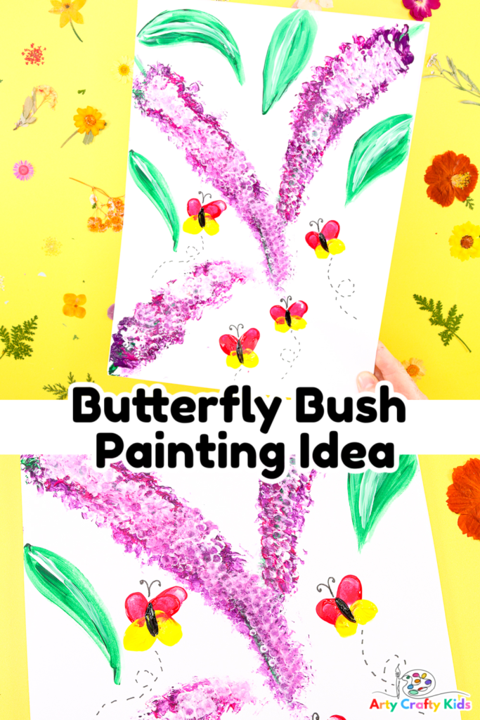 An art piece showcasing a completed Easy Flower Painting with Fingerprint Butterflies & Butterfly Bush. The painting features vibrant clusters of Buddleia flowers painted with a combination of brushstrokes and fingerprint butterflies in various colors. The flowers are arranged along long stems, with leaves painted in shades of green. The artwork showcases a delightful mix of textures, including layered prints, defining lines, and contrasting colors. The overall composition exudes a sense of joy, capturing the beauty of nature and the whimsy of butterflies in a playful and artistic manner