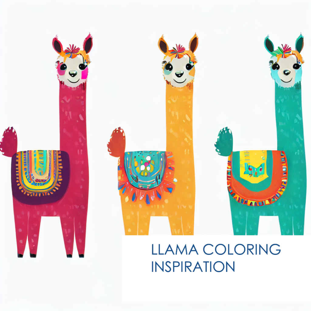Image of 3 colorful llama's to be used as inspiration for coloring the llama coloring craft.