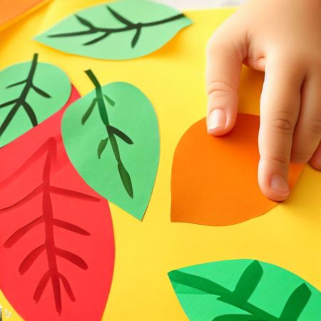 Image of a child preparing colorful Autumn leaves, with red and green cut leaves with contrasting hand-drawn stems.