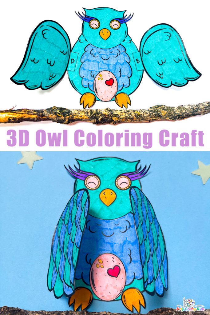 A completed image of the adorable 3D Printable Owl Craft and Owl Coloring Craft with wings open and closed, revealing a sweet little egg.