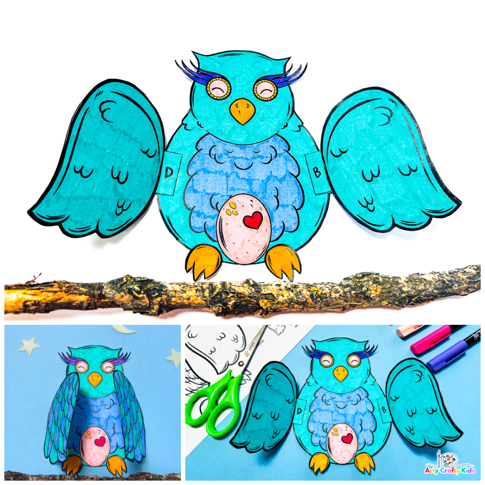 A completed image of the adorable 3D Printable Owl Craft and Owl Coloring Craft with wings open and closed, revealing a sweet little egg.